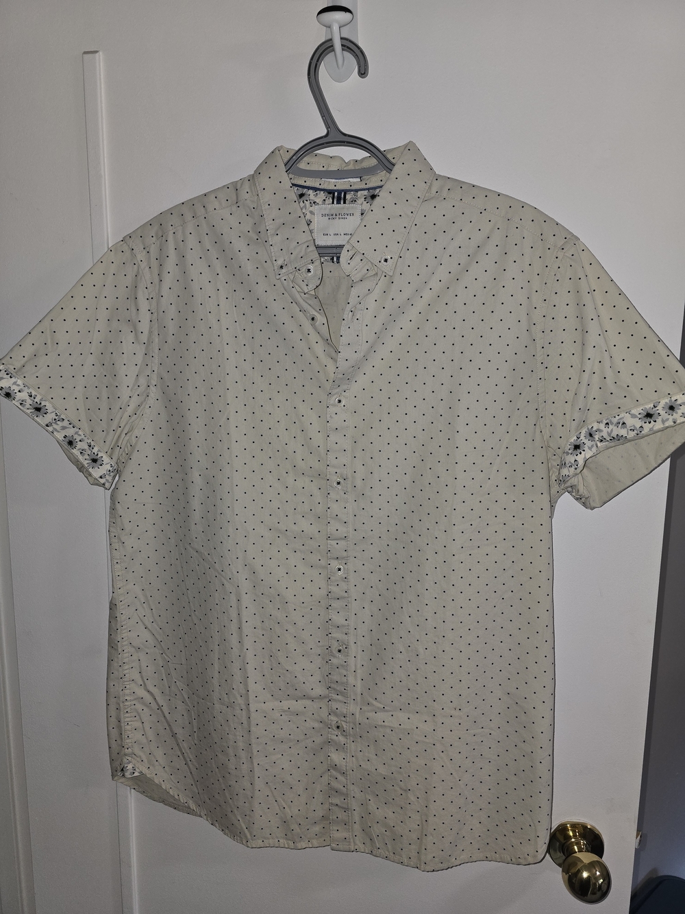 Denim & Flower Short-Sleeve Dot Print Button-Up Shirt - Cream with Navy Dots
